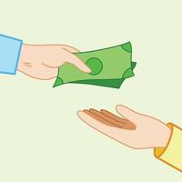 Two hands with give and take pose gesture with dollar money. Job paying salary themed drawing vector illustration isolated on plain green background. Cartoon clean line art full colored art.