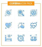 El icono azul coronavirus 9 establecido sobre el tema de la epidemia de corona contiene iconos como el virus del amor del cuidado, la ciencia del corazón, el coronavirus viral 2019nov, los elementos de diseño del vector de enfermedad.