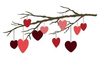 Cute Valentines Day vector illustration. Tree branch with hanging colored hearts. Isolated on white background.