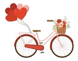 Spring romantic bike with heart shaped balloons and crate with flowers. Isolated on white background. Vector illustration. Valentines Day retro bicycle