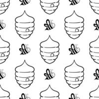 hand drawn seamless pattern of bees and honeycomb vector