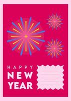 feliz año nuevo tarjeta de felicitación con fondo rosa e ilustración vectorial de fuegos artificiales vector