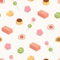 patrón impecable con diferentes dulces japoneses como dango, mochi, wagashi, yokan, purin. postres asiáticos coloridos en el fondo con rayas vector