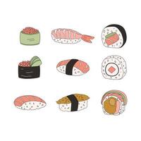 conjunto de vectores de colores dibujados a mano de diferentes tipos de sushi. comida japonesa