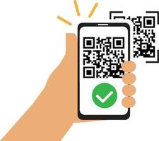 scan qr code icon, payment hand with phone, scanner app, thin line symbol on white background vector