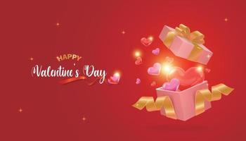 Red Valentine's day card with an open gift box with gold ribbon and hearts flying out of it vector