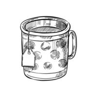 vector sketch illustration - mug with tea bag. Hugge drink outline illustration