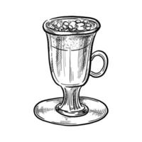 Hot chocolate in a mug with whipped cream. Hugge drink. Decorative hand drawn sketch vector illustration.