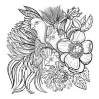 Parrot and flowers hand drawn for adult coloring book vector