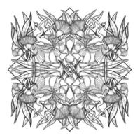 Black and white square ornament with eucalyptus, ribbons and heron. Isolated on white vector