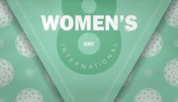 International womens day greeting card template in mint color with luxury white pattern vector