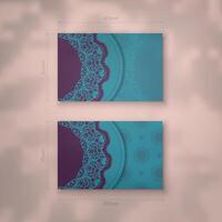 Green color business card with Greek purple pattern for your business. vector