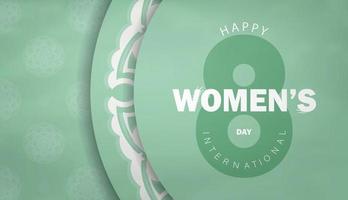 International womens day greeting card template in mint color with winter white ornament vector