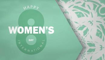 International womens day greeting card template in mint color with vintage white ornament vector