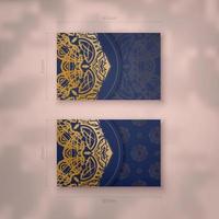 Presentable dark blue business card with abstract gold ornaments for your brand. vector