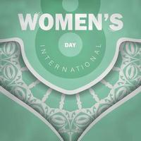 Greeting card 8 march international womens day mint color with luxury white pattern vector