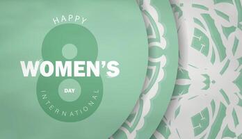 International womens day greeting card template in mint color with abstract white pattern vector