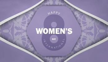 International womens day purple color flyer template with vintage white pattern vector