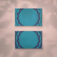 Business card in green color with a purple mandala pattern for your contacts. vector