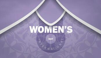 8 March greeting card template in purple color with luxurious white pattern vector