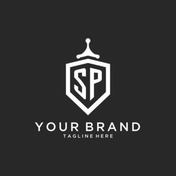 SP monogram logo initial with shield guard shape design vector