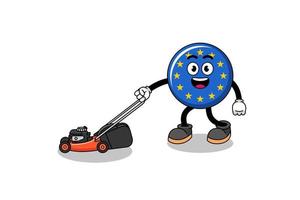 dibujos animados de ilustración de bandera de europa con cortadora de césped vector
