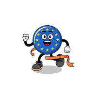 caricatura de mascota de la bandera de europa corriendo en la línea de meta vector