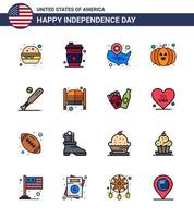 paquete de 16 signos de líneas rellenas planas de celebración del día de la independencia de EE. UU. Y símbolos del 4 de julio, como la comida del festival de estados de bola de murciélago, elementos de diseño vectorial del día de EE. UU. editables vector