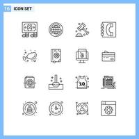 Pack of 16 Modern Outlines Signs and Symbols for Web Print Media such as diet information protection contacts communication Editable Vector Design Elements
