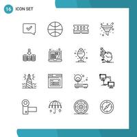 Pack of 16 Modern Outlines Signs and Symbols for Web Print Media such as money coins hardware seo funnel Editable Vector Design Elements