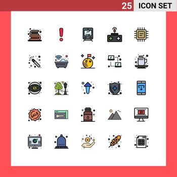 paquete de 25 modernos signos y símbolos de colores planos de línea rellena para medios de impresión web, como el control remoto de la cpu, elementos de diseño de vectores editables de viaje rc