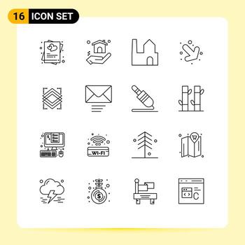 Pack of 16 Modern Outlines Signs and Symbols for Web Print Media such as layer layers factory right arrow Editable Vector Design Elements