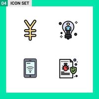 Editable Vector Line Pack of 4 Simple Filledline Flat Colors of currency sign bulb man wifi Editable Vector Design Elements