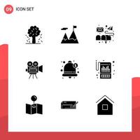 Set of 9 Vector Solid Glyphs on Grid for alert filam motivation movi mail Editable Vector Design Elements