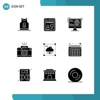 Universal Icon Symbols Group of 9 Modern Solid Glyphs of photo photography working camera website Editable Vector Design Elements