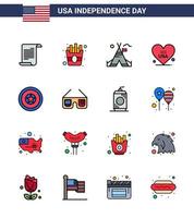 feliz día de la independencia 16 líneas llenas planas paquete de iconos para web e impresión día de la independencia carpa de vacaciones usa love editable usa day elementos de diseño vectorial vector