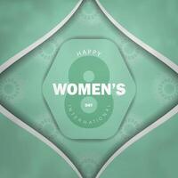 Greeting card 8 march international womens day mint color with abstract white pattern vector