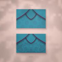 Business card in turquoise color with vintage purple pattern for your contacts. vector