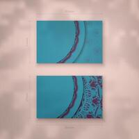 Business card template in turquoise color with Indian purple pattern for your brand. vector