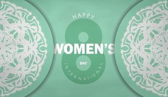 International womens day greeting card template in mint color with vintage white pattern vector