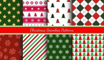 Seamless Christmas Patterns Collection. New year's eve wrapping paper graphics. Stripes, snowflakes, geometric, rhombus. Background for presents, textiles and apparel. Vector holiday designs set.