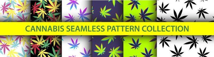 420 Seamless Pattern Collection. Psychedelic graphic vector set. Marijuana inspired design pack. 3D Pot silhouettes. Reggae background with cannabis leaves. Textile visual content.