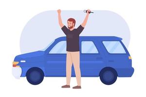 Exciting car owner 2D vector isolated illustration. Man buying auto. Happy purchase. Male flat character on cartoon background. Colorful editable scene for mobile, website, presentation