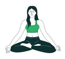 mujer meditando en posición de loto carácter vectorial lineal de color plano. figura editable. persona de cuerpo completo en blanco. ilustración de línea delgada de estilo de dibujos animados para diseño gráfico web y animación vector