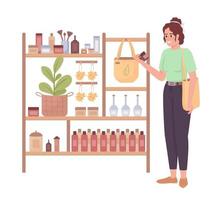 Woman buying eco cosmetics semi flat color vector character