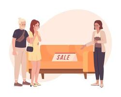 Discount on couch 2D vector isolated illustration. Furniture store. Couple flat characters on cartoon background. Colorful editable scene for mobile, website, presentation