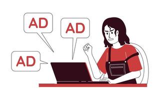 Woman angry of ads amount flat concept vector illustration. Editable 2D cartoon character on white for web design. Spam creative idea for website, mobile, presentation