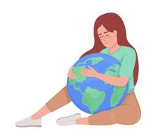 Lady embracing Earth planet semi flat color vector character. Editable figure. Full body person on white. Nature protection simple cartoon style illustration for web graphic design and animation