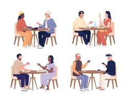 Couples sitting at tables semi flat color vector characters set