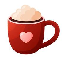 Mug for Valentine's Day. Mug with coffee, cocoa, cream, decorative hearts. Vector illustration.